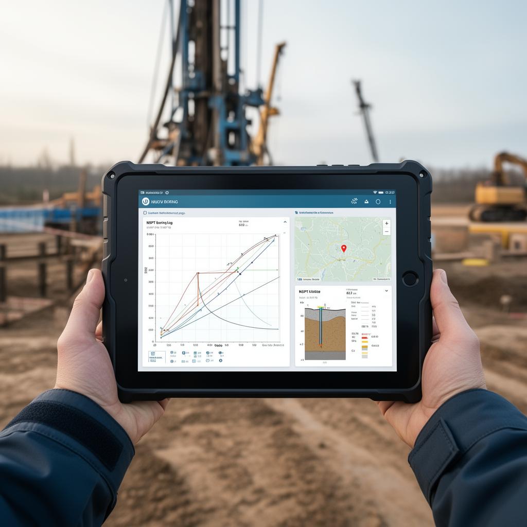 Tablet rugged exibindo a interface do SPT Campo Pro em campo